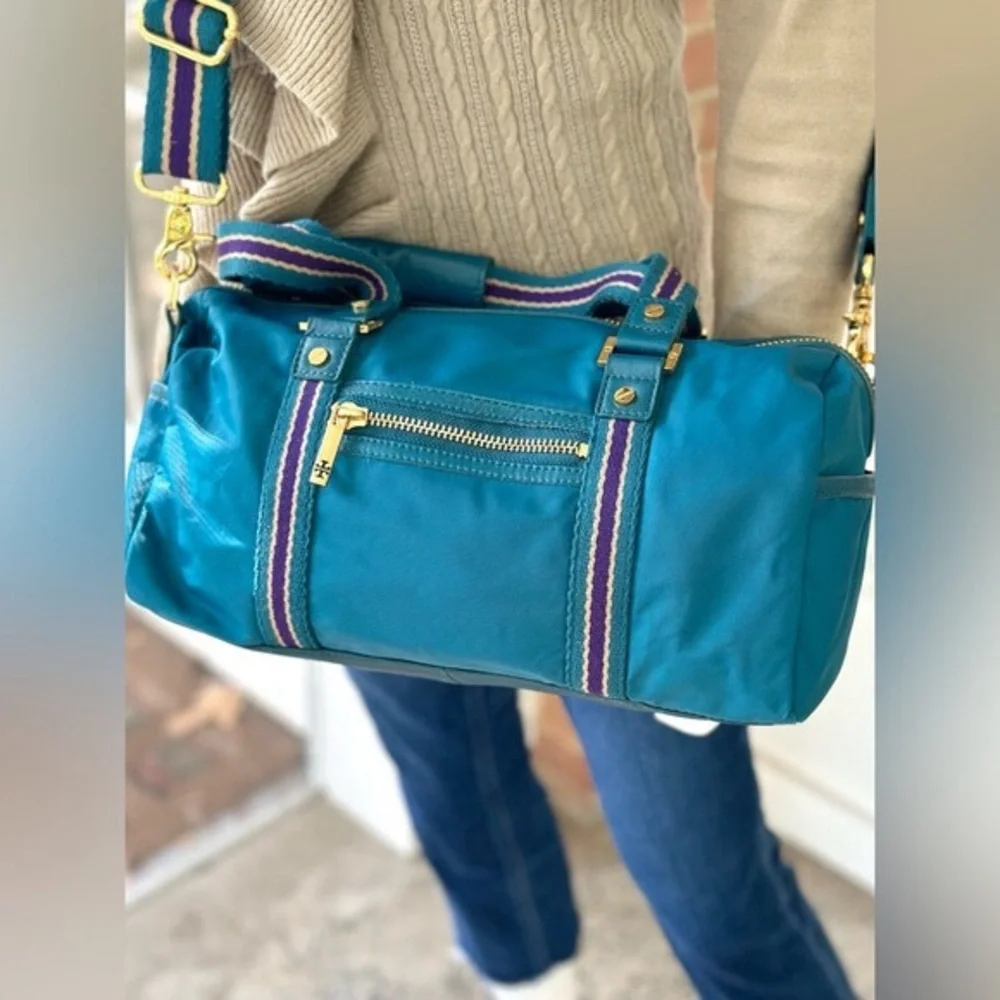 Tory Burch Teal Leather Weekend Duffel with Purple & Cream Stripes